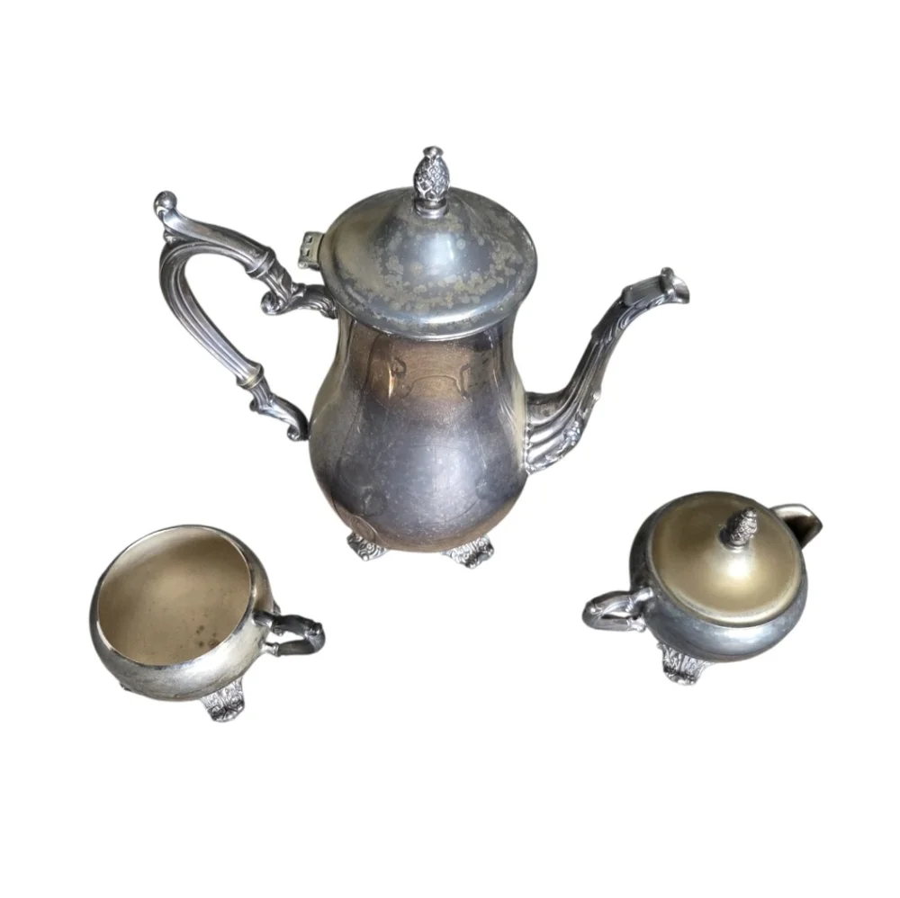Vintage Wm Rogers Silverplate Coffee Tea Set Pot Creamer Sugar 3pc‎ Ornate